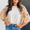 Women's Beige Floral Patchwork Half Batwing Sleeve Blouse - Bohemian Style - Image 5