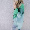 Women's Colorblock Stitching Patchwork Green Buttoned Long Sleeve Top - Image 3