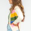 Women's White Stripe Colorful Pattern Button Front Sweater Cardigan - Image 3