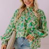 Women's Green Leafy Printed Flounce Sleeve Shirred Mock Neck Blouse - Elegant Floral Design - Image 4