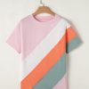 Stylish Women's Pink Color Block Patchwork Crewneck T-Shirt - Image 15