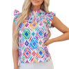 Women's Light Blue Geometric Printed Flutter Sleeve Mock Neck Shirred Blouse - Image 17