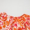 Women's Orange Floral Print Ruffled Short Puff Sleeve Split Neck Blouse - Image 13