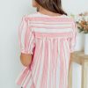 Chic Pink Stripe Plus Size Blouse with Puff Sleeves and Tassel Tie Detail - Image 2