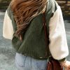 Women's Mist Green Corduroy Fleece Patchwork Buttoned Bomber Jacket - Image 2