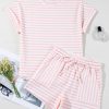 Chic Pink Stripe Knitted Short Sleeve Top and Drawstring Shorts Set for Women - Image 7