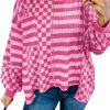 Women's Rose Red Checkerboard Striped Patchwork Lantern Sleeve Blouse with Pocket - Image 5