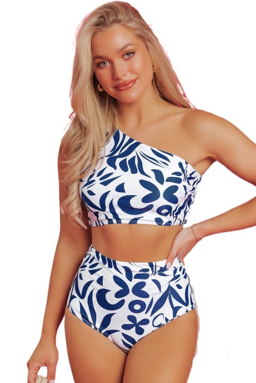 Women's Blue Abstract One-Shoulder High Waisted Bikini - Bohemian Style Swimsuit