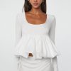 Elegant Women's White U Neck Long Sleeve Bubble Hem Top - Image 6