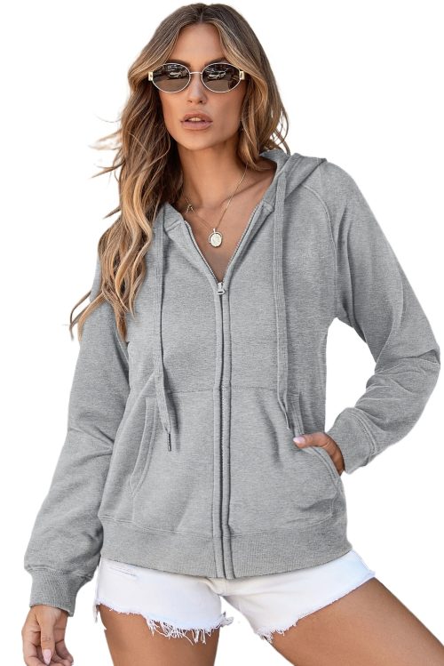 Women's Light Grey Fleece Lined Zip Up Hoodie with Adjustable Hood