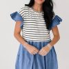 Chic Women's Black Stripe Ruffle Denim Patchwork Mini Dress - Image 11