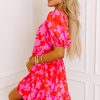 Women's Red Floral Bubble Sleeve Sweetheart Neck Ruffled Mini Dress - Image 3