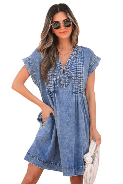 Women's Beau Blue Tie V Neck Denim Shift Dress with Tucking Detail and Pockets