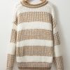 Women's Brown Stripe Drop Shoulder Round Neck Loose Sweater - Image 7