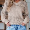 Women's Brown Eyelet Pattern V Neck Drop Shoulder Sweater - Casual Chic for Fall - Image 13