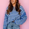 Plus Size Sky Blue Stripe Drop Shoulder O Neck Sweater - Image 5