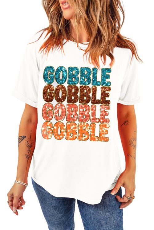 Women's White Glittering GOBBLE Graphic Crewneck T-Shirt for Thanksgiving