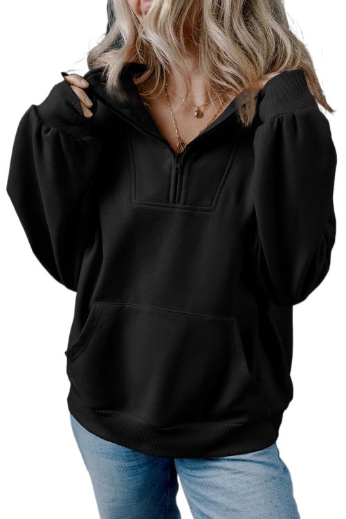 Women's Black Zip-Up Stand Neck Kangaroo Pocket Sweatshirt