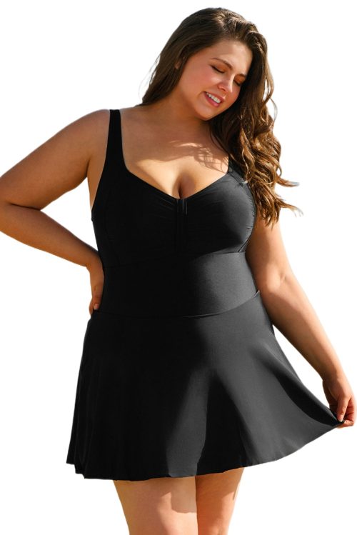 Women's Black Plus Size Solid Pleated Ruffled One Piece Swim Dress for Beach Days