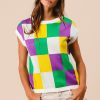 Women's Tillandsia Purple Color Block Cap Sleeve Sweater - Stylish Checkered Knit Top - Image 9