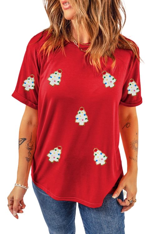 Women's Festive Red Christmas Tree Patched Crew Neck T-Shirt