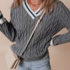 Women's Medium Grey Color Contrast Ribbed Edge Cable Knit V Neck Sweater - Image 6