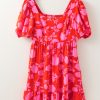 Women's Red Floral Bubble Sleeve Sweetheart Neck Ruffled Mini Dress - Image 17