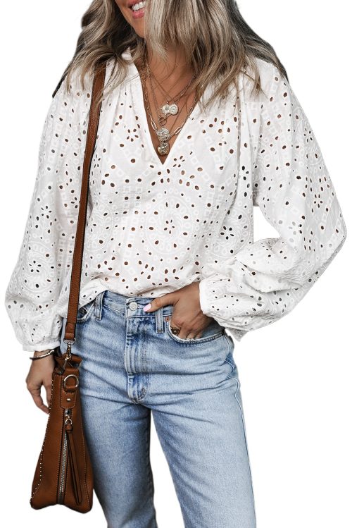 Elegant White Eyelet Embroidered Puff Sleeve V Neck Blouse for Women