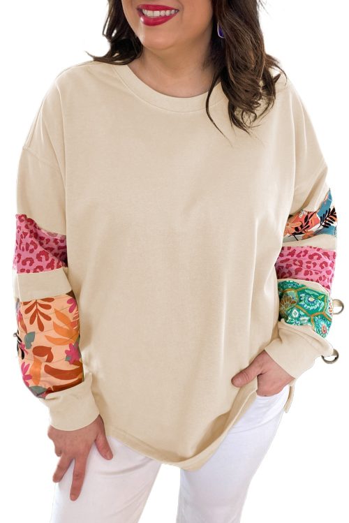 Plus Size Women's Beige Patchwork Sleeve Split Sweatshirt