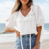 Women's White Embroidered Lace Patchwork Tie Neck Puff Short Sleeve Blouse - Image 4