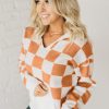 Women's Gold Flame Checkered Split Neck Contrast Kangaroo Pocket Hooded Sweater - Image 4