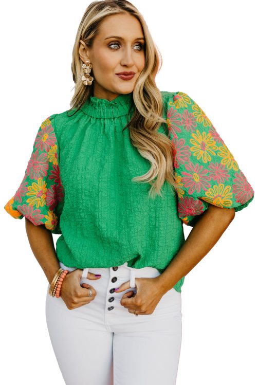 Women's Bright Green Floral Puff Sleeve Ruffled Collar Top