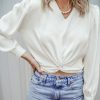 Women's White Twisted Elastic Hem V Neck Crop Blouse - Image 4