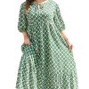 Plus Size Green Geometric Floral Print Maxi Dress with Half Sleeves - Image 23