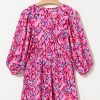 Women's Pink Abstract Print Puff Sleeve V Neck High Waist Romper for Summer Vacations - Image 4