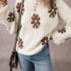 Women's White Colorblock Floral Pattern Long Sleeve Sweater - Image 3