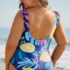 Women's Plus Size Blue Printed V Neck Wrap Knot Ruffled One Piece Swimwear - Image 2