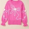 Women's Bright Pink Corded Flower Bow Casual Sweater with Puffed Sleeves - Image 7