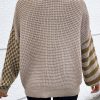 Women's Smoke Gray Striped Plaid Patchwork Waffle Knit Turtleneck Sweater - Image 3