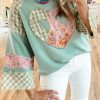 Women's Clearly Aqua Plaid Floral Peace Heart Graphic Wide Long Sleeve Top - Image 2