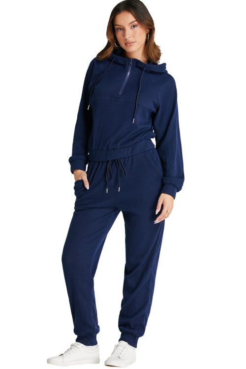 Women's Navy Blue Ribbed Knit Cropped Hoodie and Joggers Set