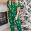 Women's Green Christmas Tree Print V Neck Tee and Pants Lounge Set - Image 5