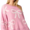 Women's Pink Pearl Beaded Bowknot Pattern Distressed Split Hem Sweater - Image 2