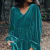 Women's Elegant Sea Green Velvet V Neck Peplum Hem Puff Sleeve Blouse - Image 11