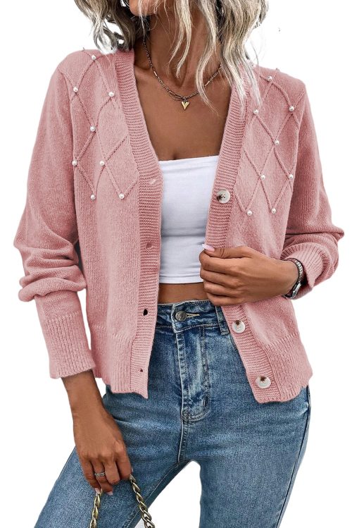 Women's Sepia Rose Pearl Beaded Button Up Cardigan