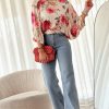 Women's Rose Floral 3/4 Sleeve Lace-up Back Blouse - Image 5