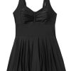 Women's Black Plus Size Solid Pleated Ruffled One Piece Swim Dress for Beach Days - Image 29