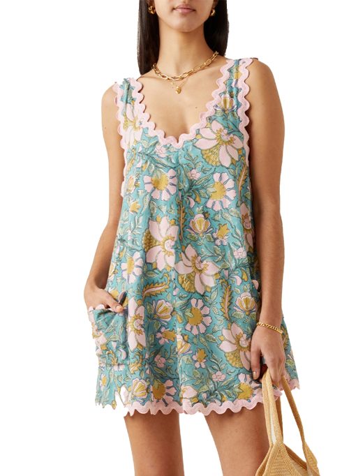 Women’s Sky Blue Floral Ricrac Trim V Neck Mini Tank Dress for Summer