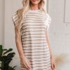 Women's Khaki Stripe Sleeveless Mini Dress with Pockets - Casual Round Neck Style - Image 5