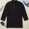 Plus Size Black Ribbed Knit Buttoned Collared Roll Tab Sleeve Mini Dress - Image 4